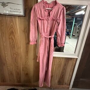 These Three Pink Denim Ruffled Jumpsuit